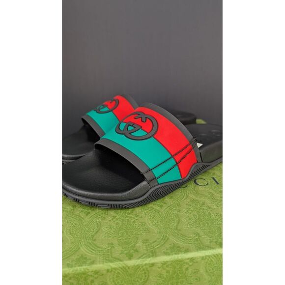NIB MENS GUCCI SANDALS SLIDES INTERLOCKING GG RUBBER CLASSIC - Picture 2 of 12